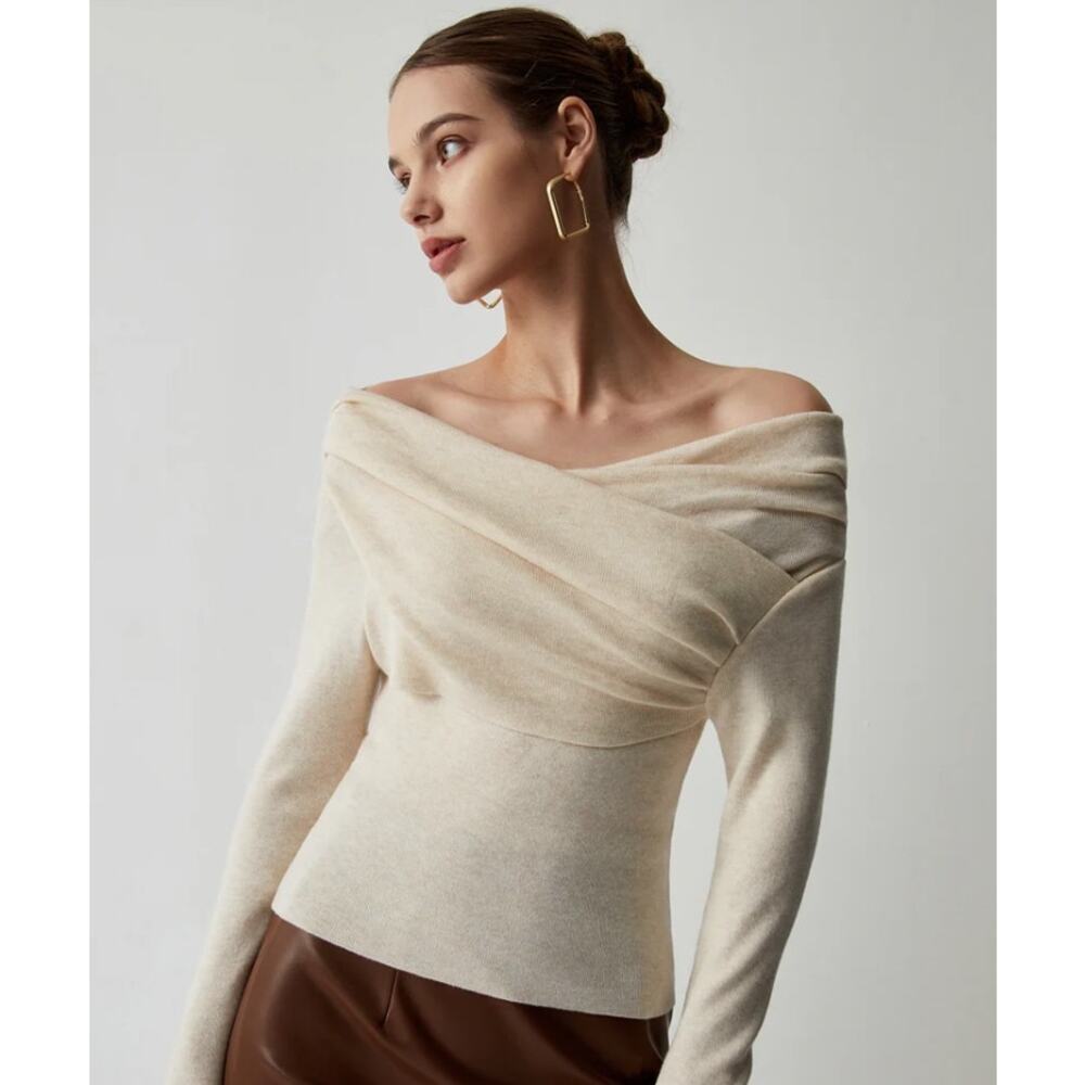 Commense Cream Off-the-Shoulder Draped Sweater